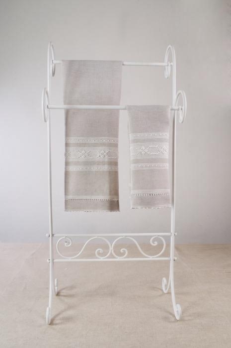 Art-1 set asciugamani misto lino esagono-fiorellino bianco