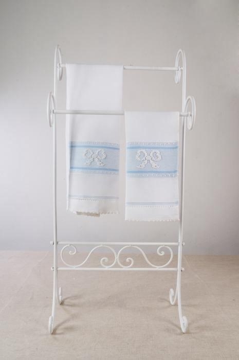 Art-5 set asciugamani misto lino fiocchi bianco con sottotrama celeste